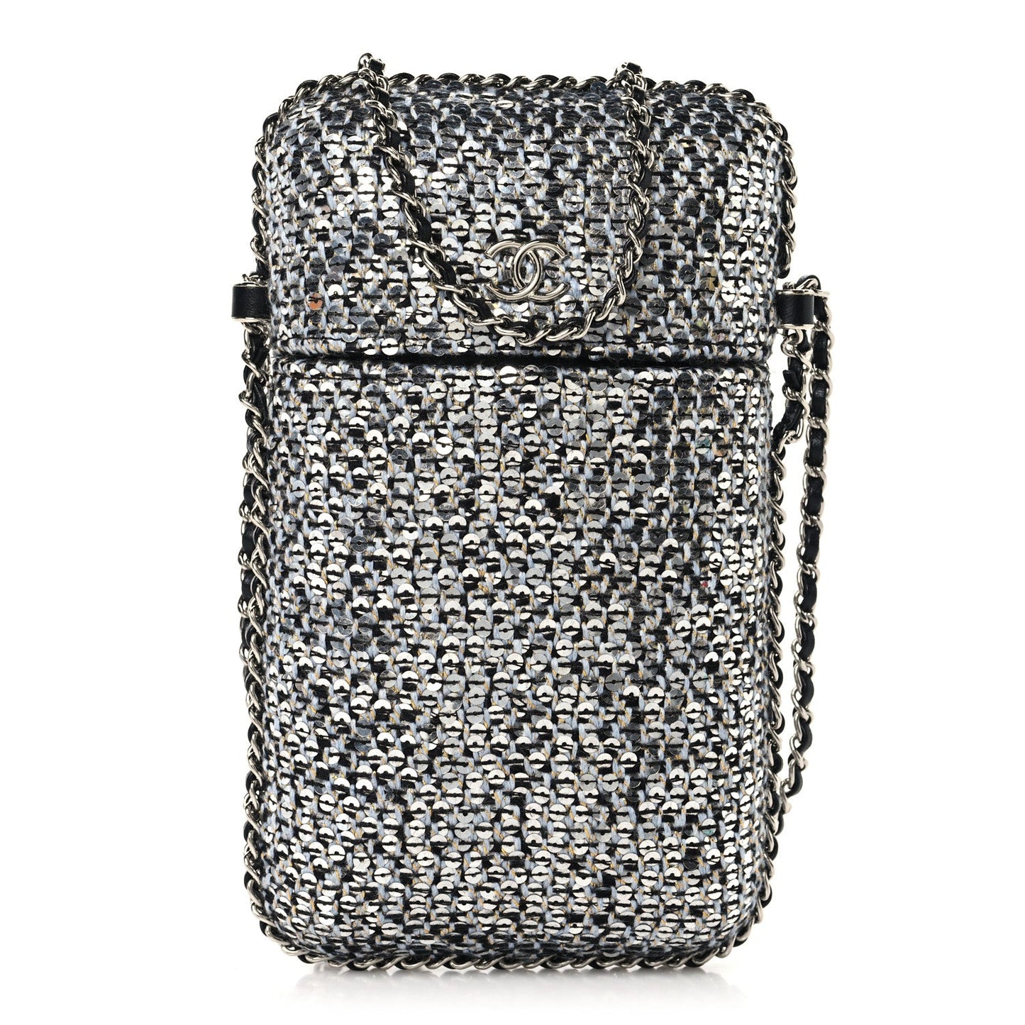 Tweed Sequin Chain Around Phone Holder Silver Black