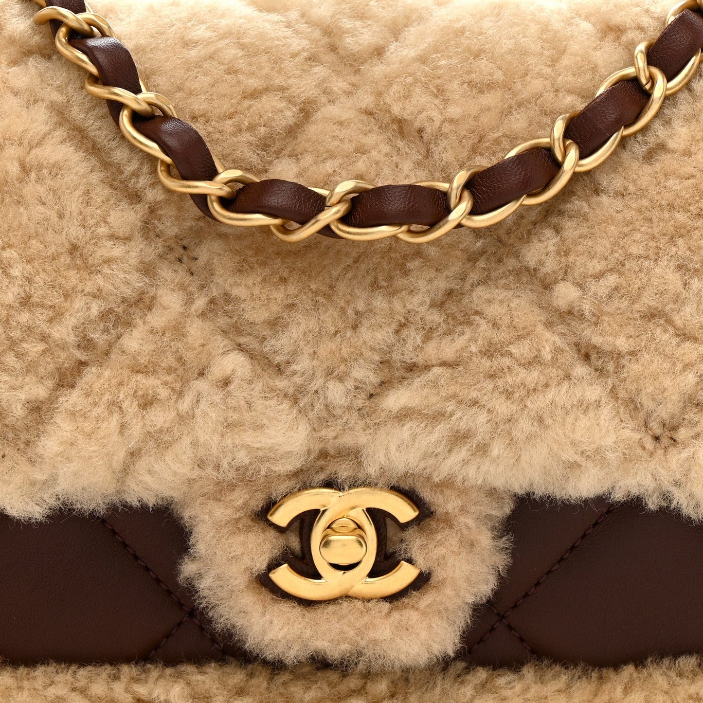 Shearling Lambskin Quilted Mini Furry Coco Flap Beige Dark Brown