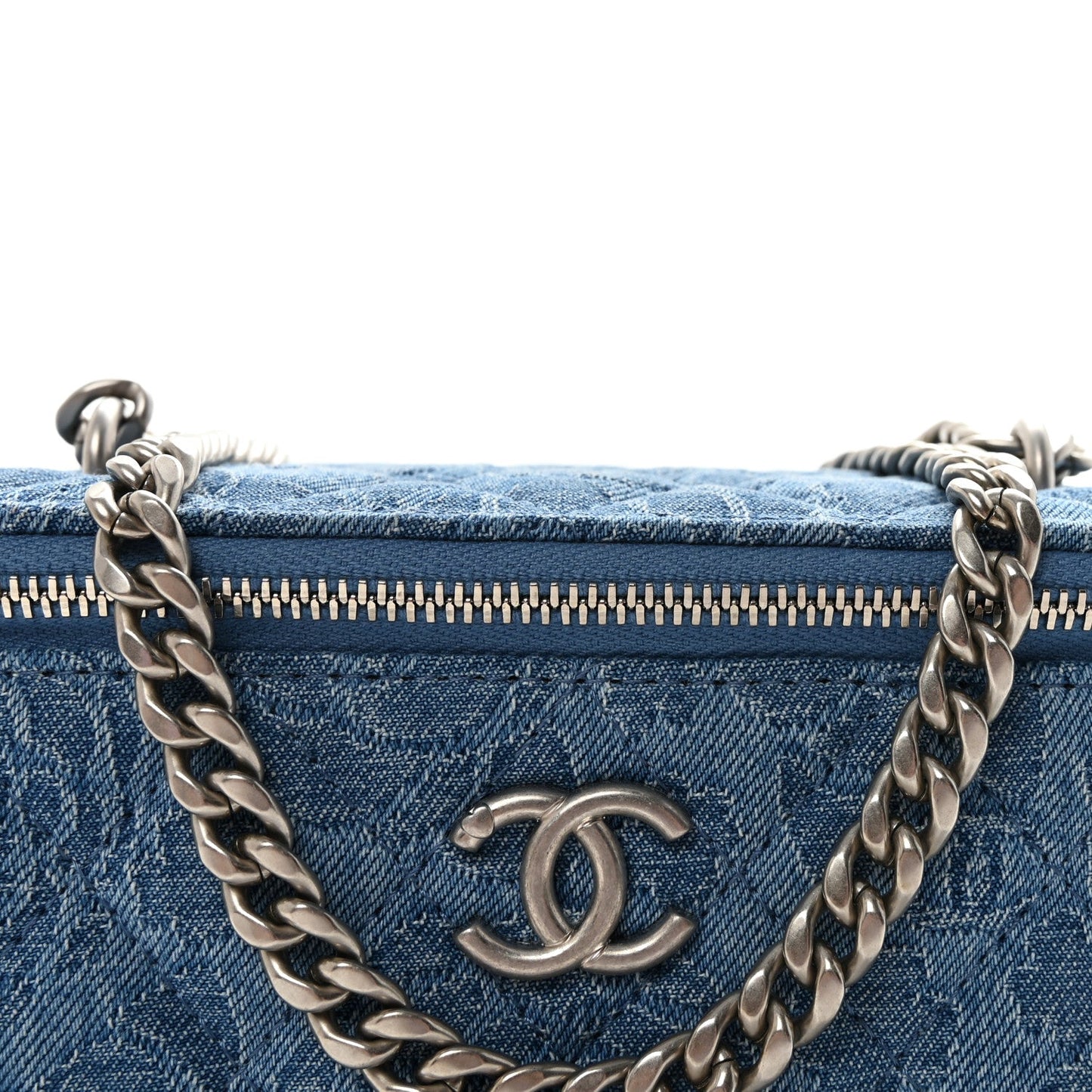 Denim Quilted Sweetheart Small Vanity Case With Chain Blue
