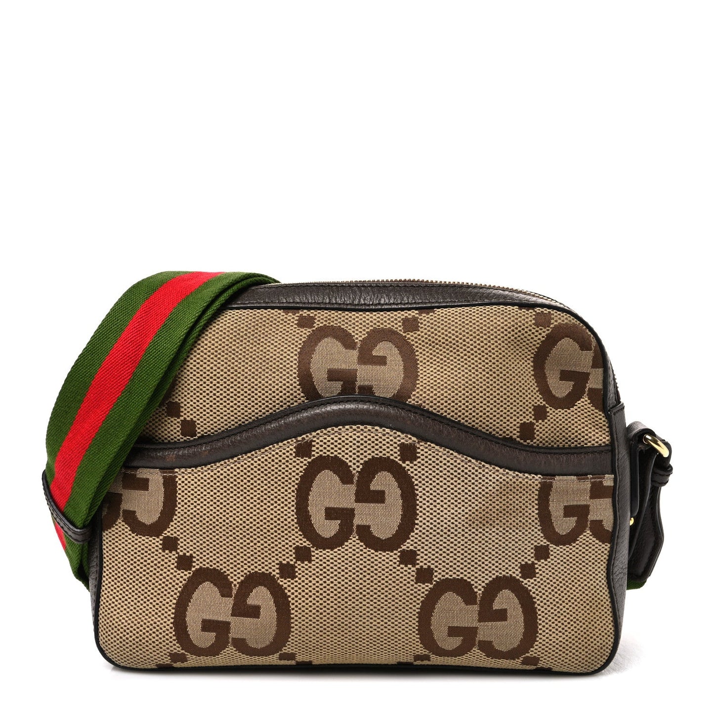 Monogram Jumbo GG Textured Dollar Calfskin Web Messenger Shoulder Bag Camel Ebony New Acero