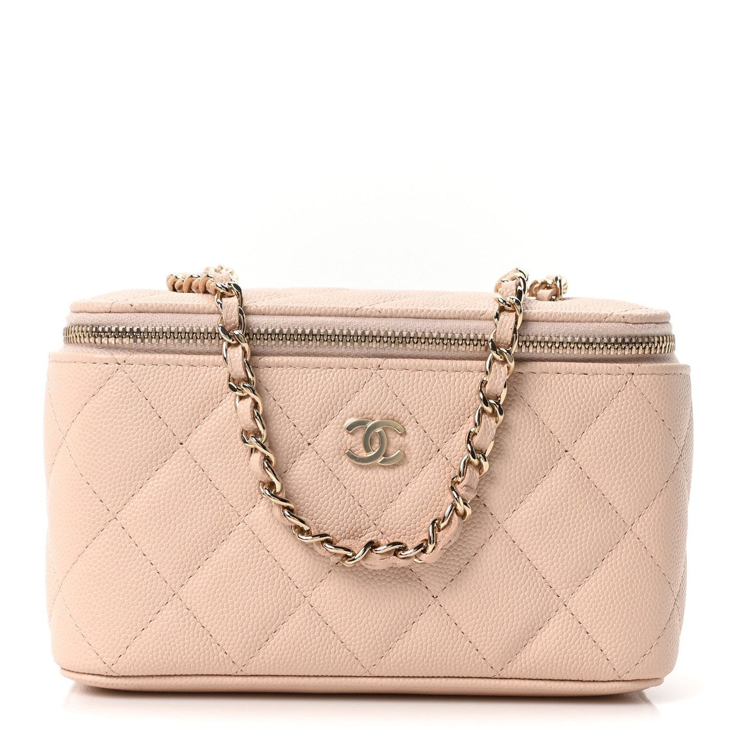 Caviar Quilted Small Vanity Case With Chain Light Beige