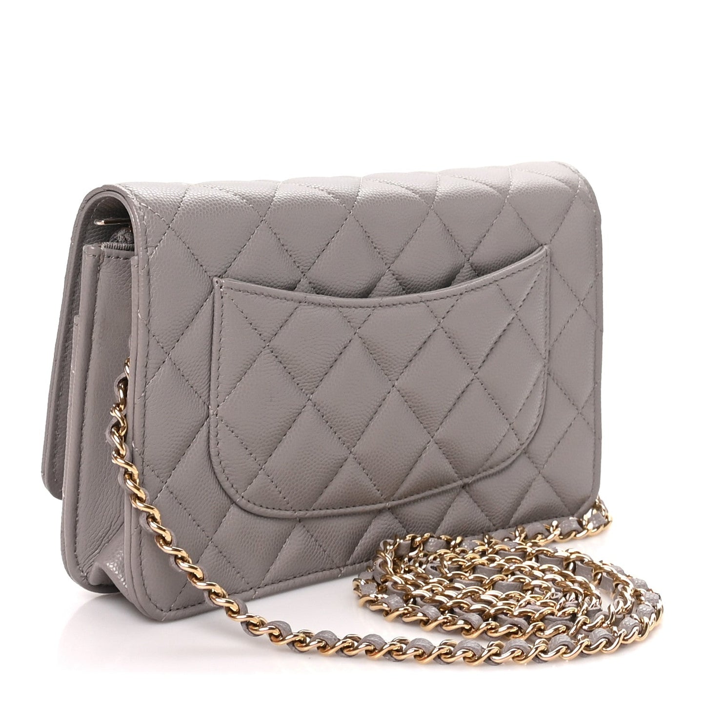 Grained Calfskin Quilted Strass CC Wallet On Chain WOC Dark Grey