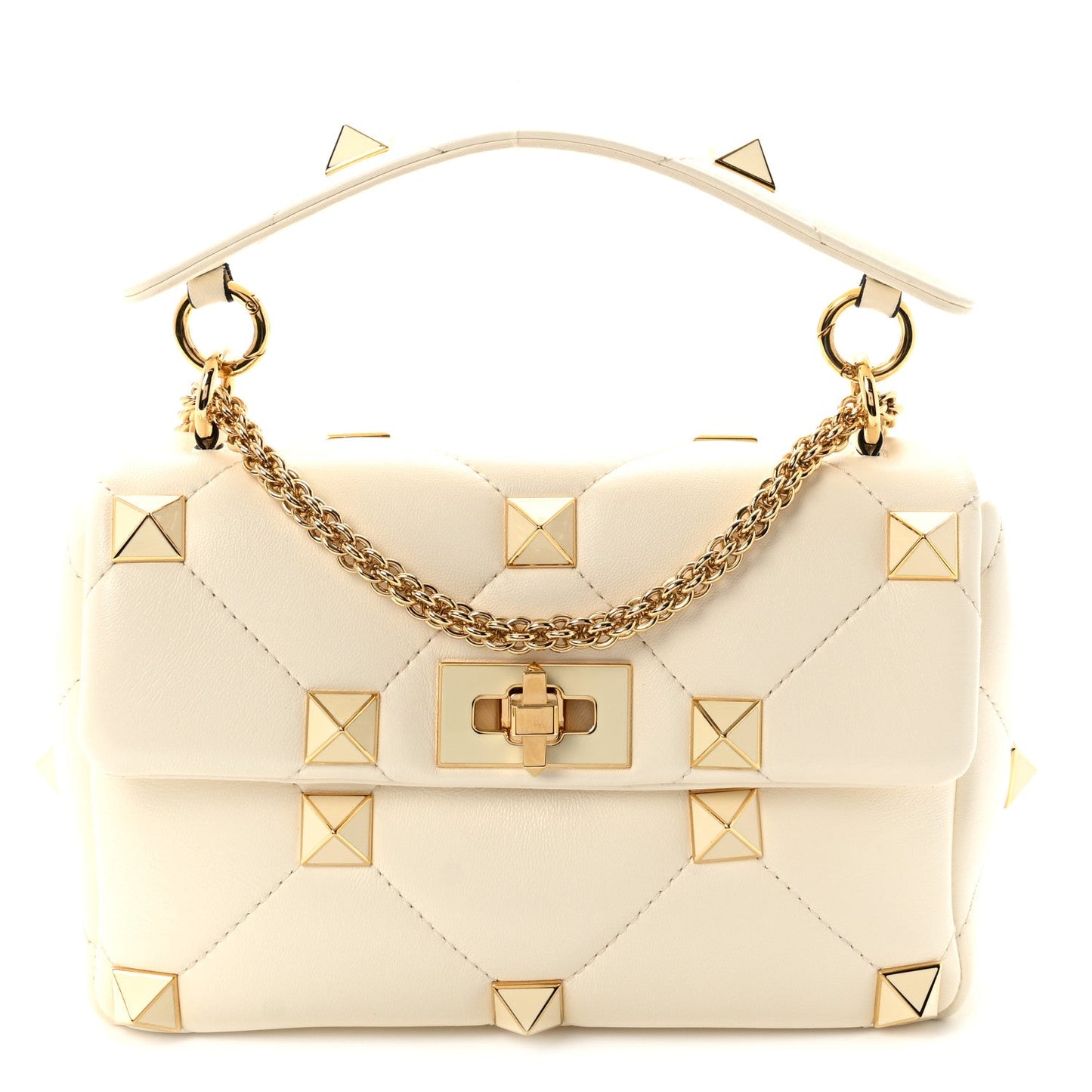 Nappa Enamel Medium Roman Stud Shoulder Bag Ivory