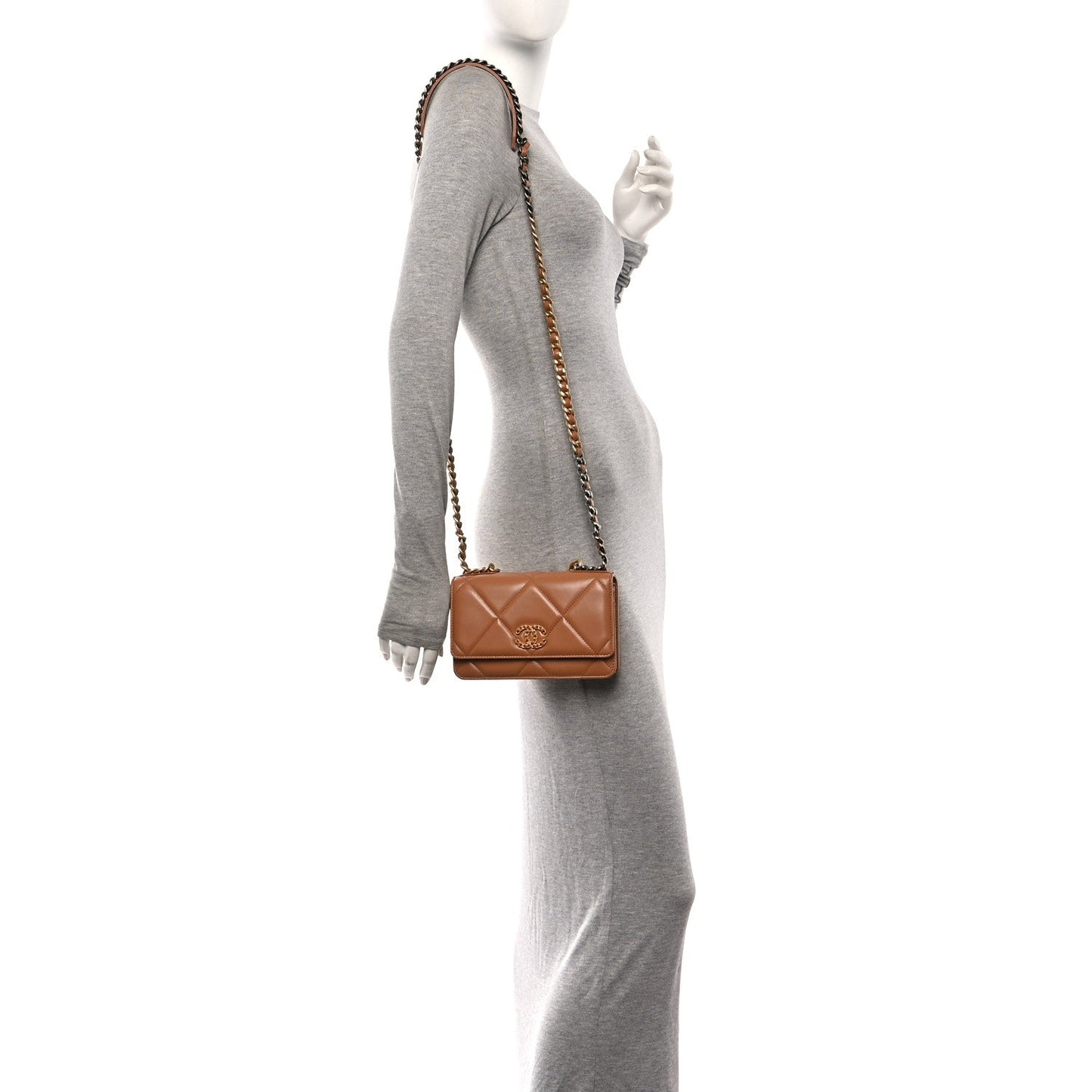Lambskin Quilted Chanel 19 Wallet On Chain WOC Brown