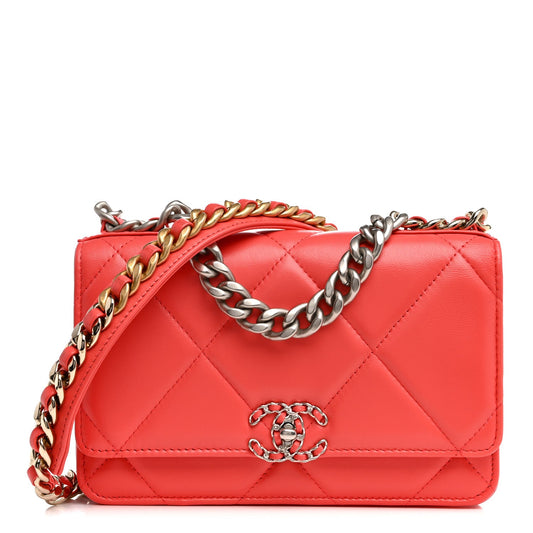 Lambskin Quilted Chanel 19 Wallet On Chain WOC Coral