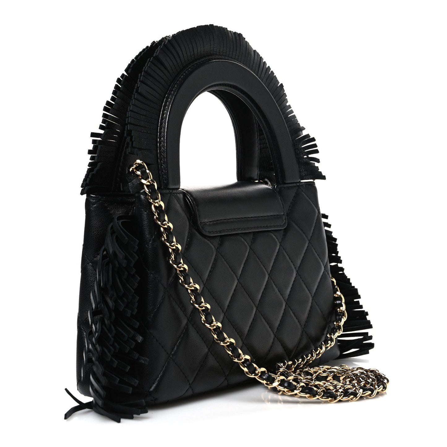 Lambskin Fringe Nano Kelly Shopper Black