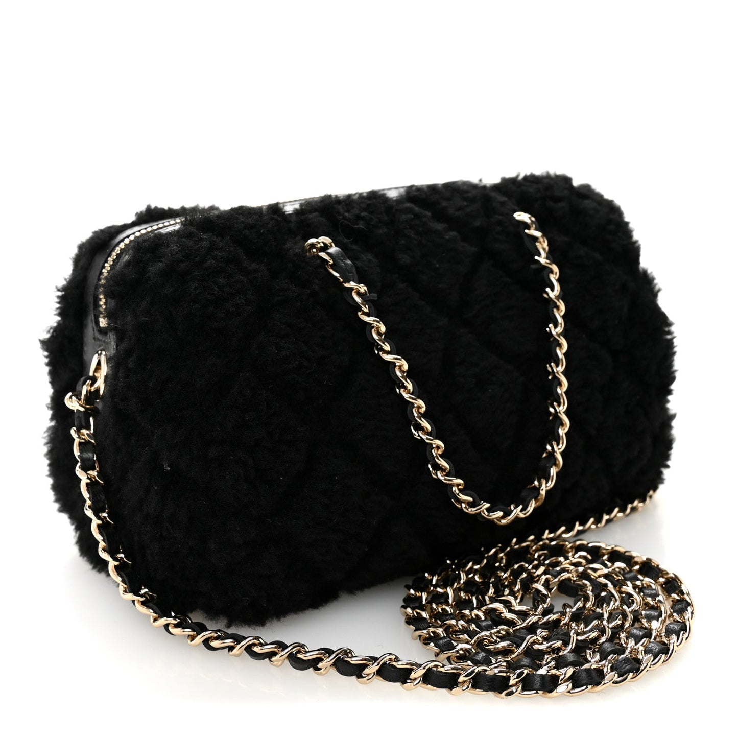 Shearling Quilted Barrel Clutch With Chain Black