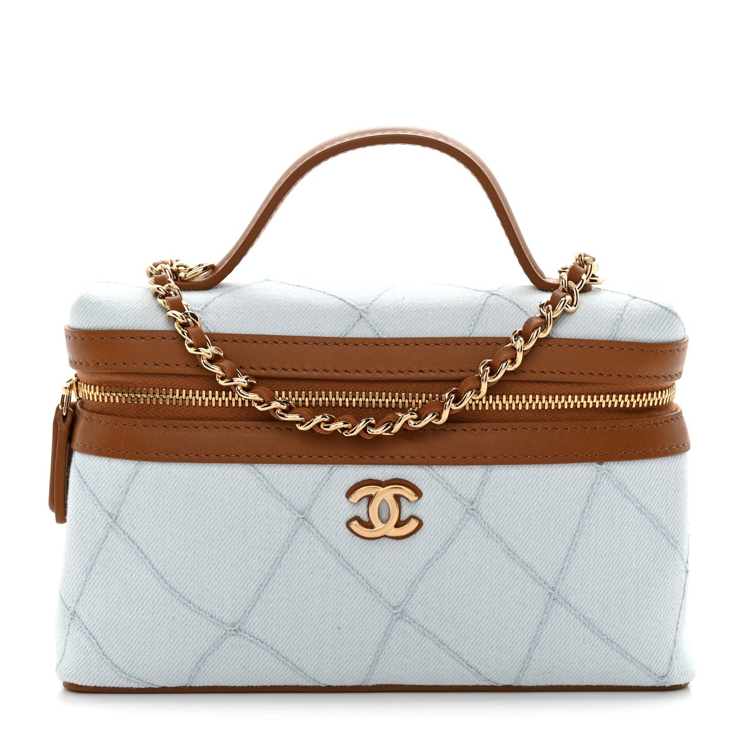 Washed Denim Calfskin Quilted Top Handle Slim Vanity Case With Chain Blue Brown