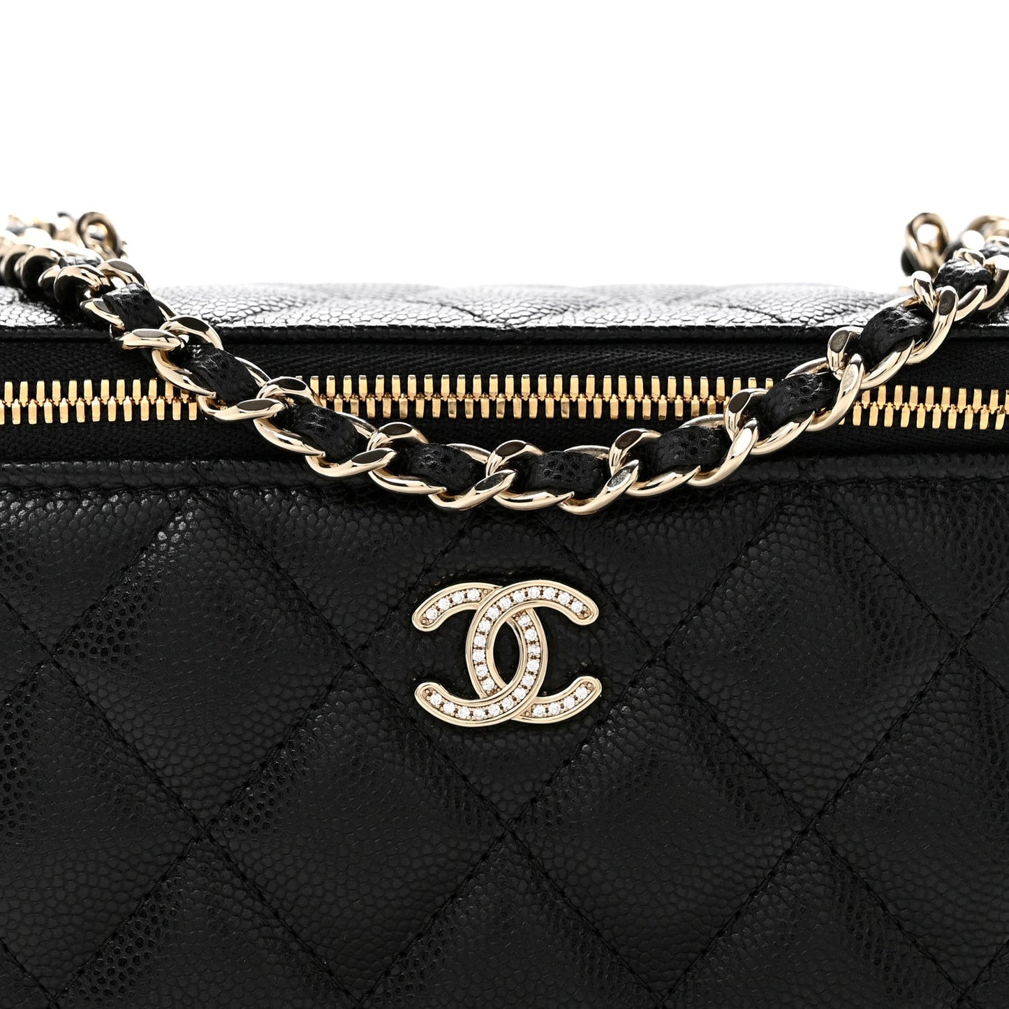 Caviar Quilted Crystal CC Logo Vanity Case With Chain Black