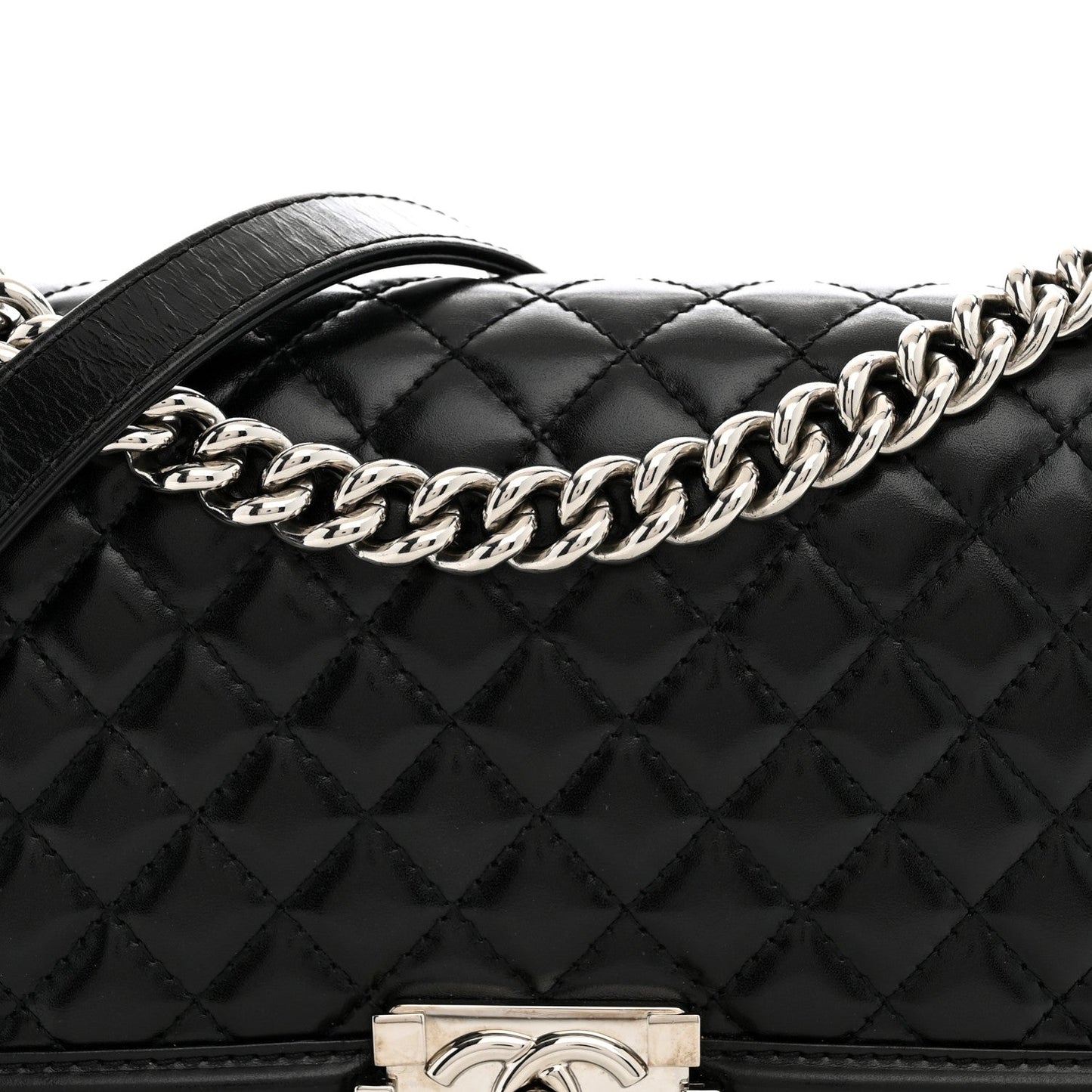 Glazed Calfskin Quilted Medium Chain Around Boy Flap Black