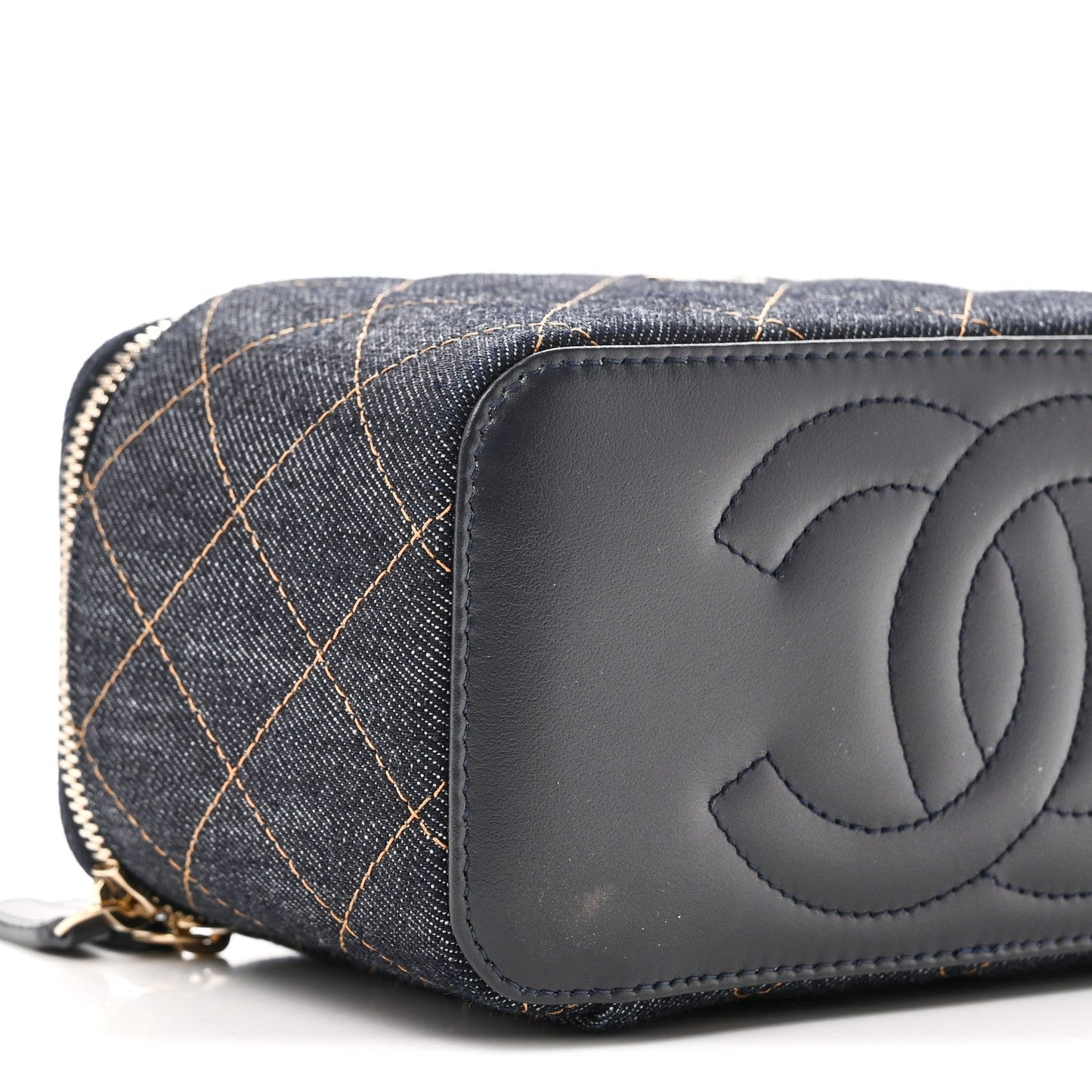 Denim Quilted Small Vanity Case With Chain Dark Blue Orange
