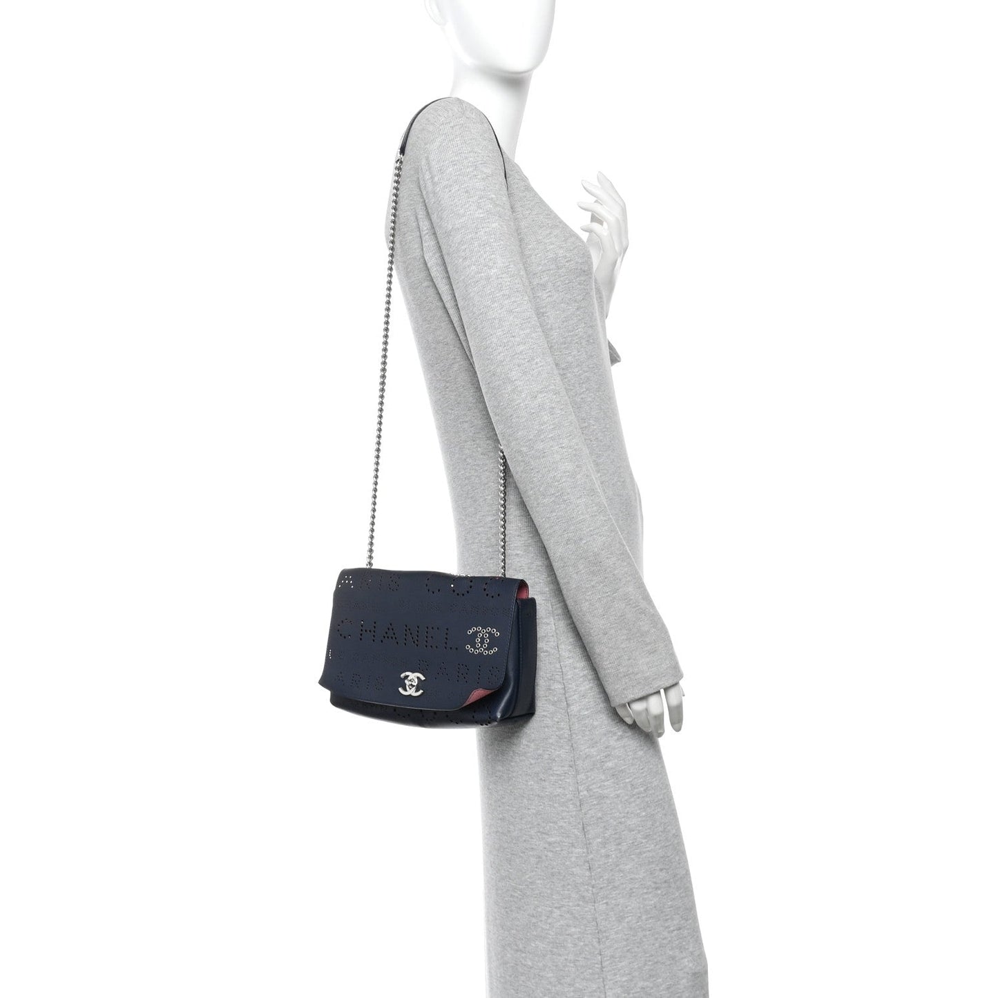 Calfskin Tweed Eyelet Flap Bag Navy