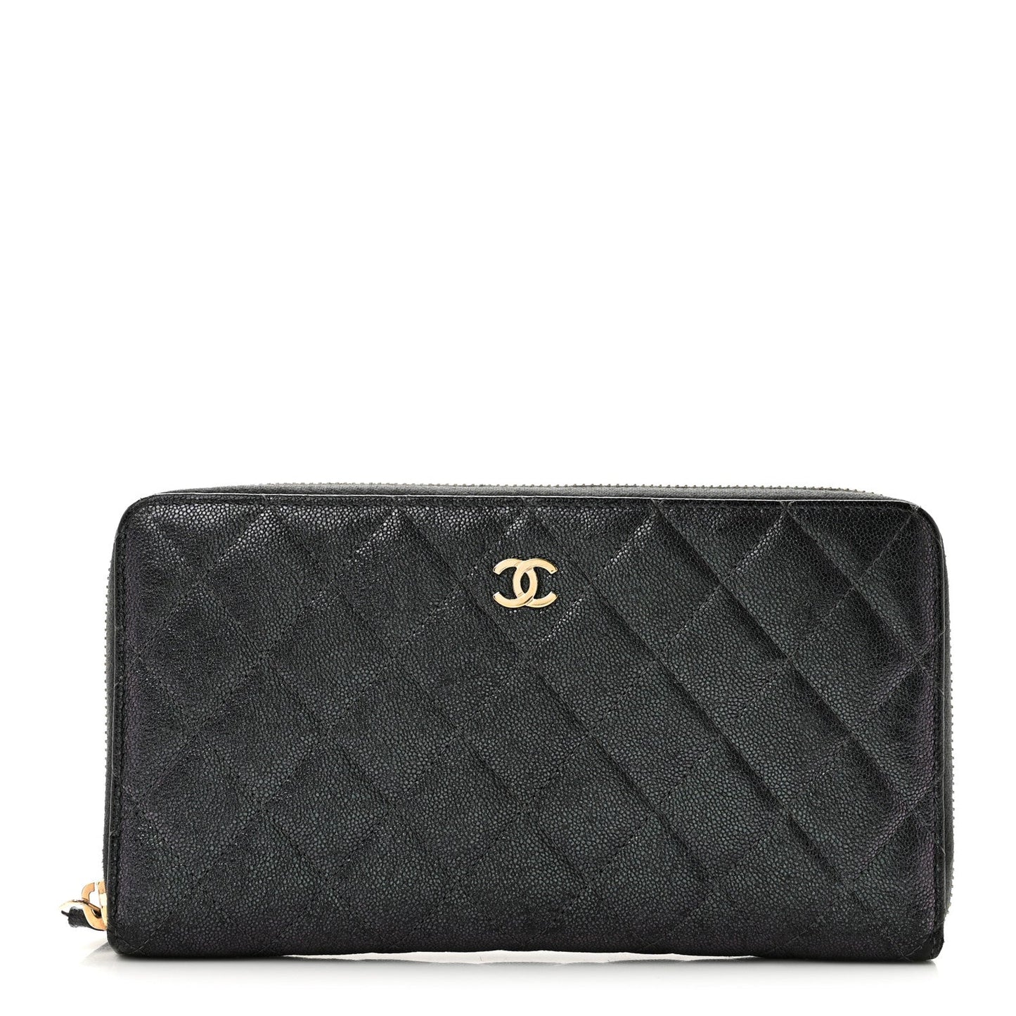 Iridescent Caviar Quilted Large Zip Around Organizer Wallet Black