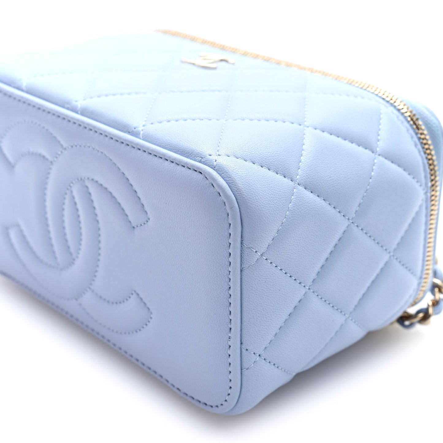 Lambskin Quilted Small Top Handle Vanity Case With Chain Light Blue