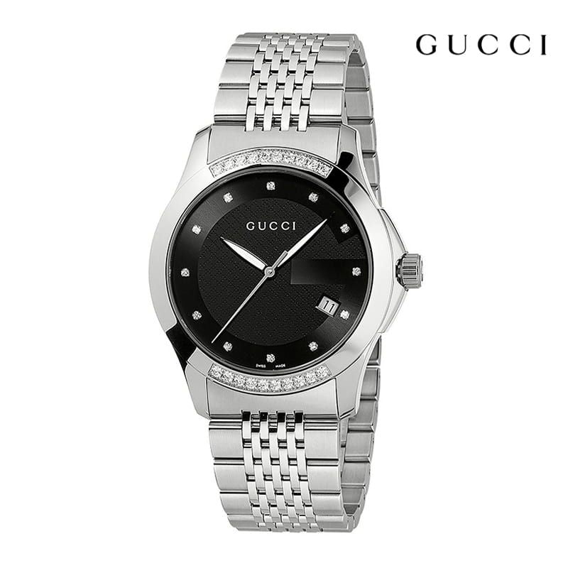 Gucci G Timeless Diamonds Black Dial Silver Steel Strap Watch For Women - YA126408