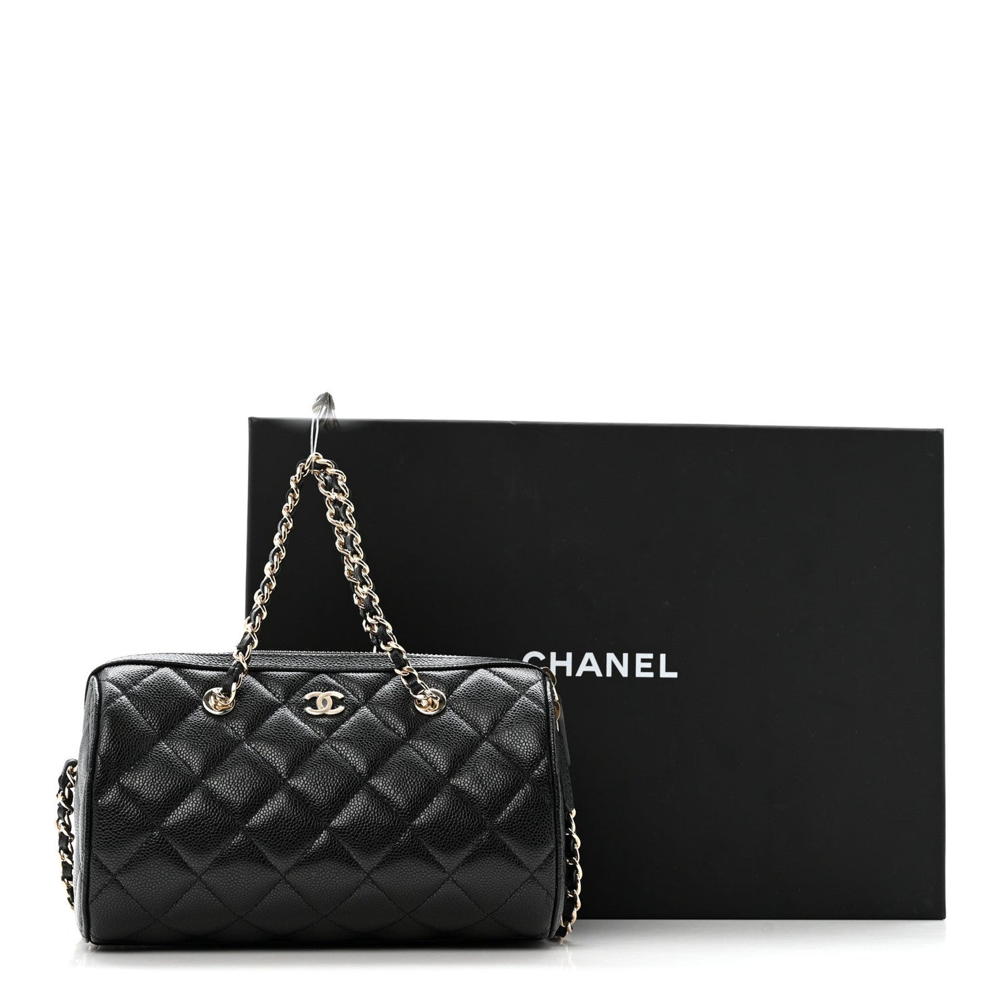 Caviar Quilted Barrel Clutch With Chain  Black