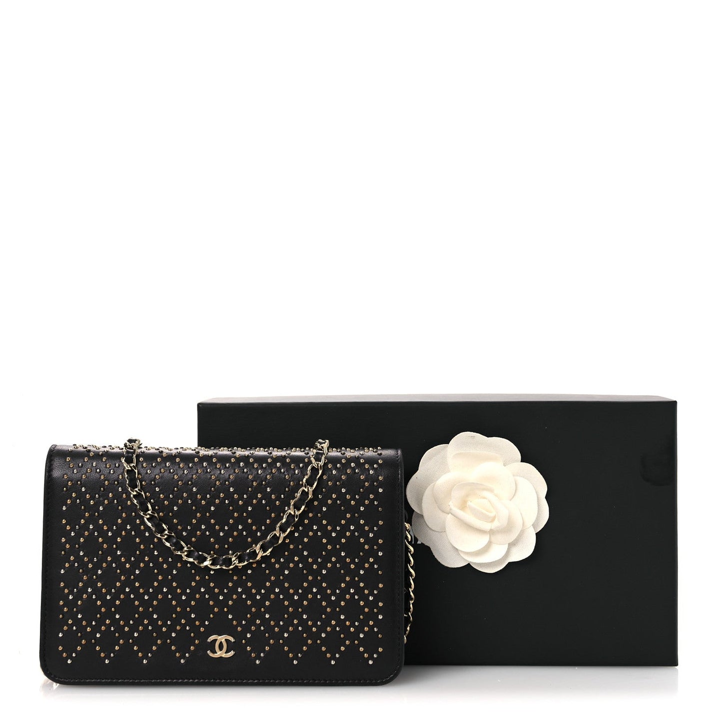Lambskin Studded Wallet on Chain WOC Grey