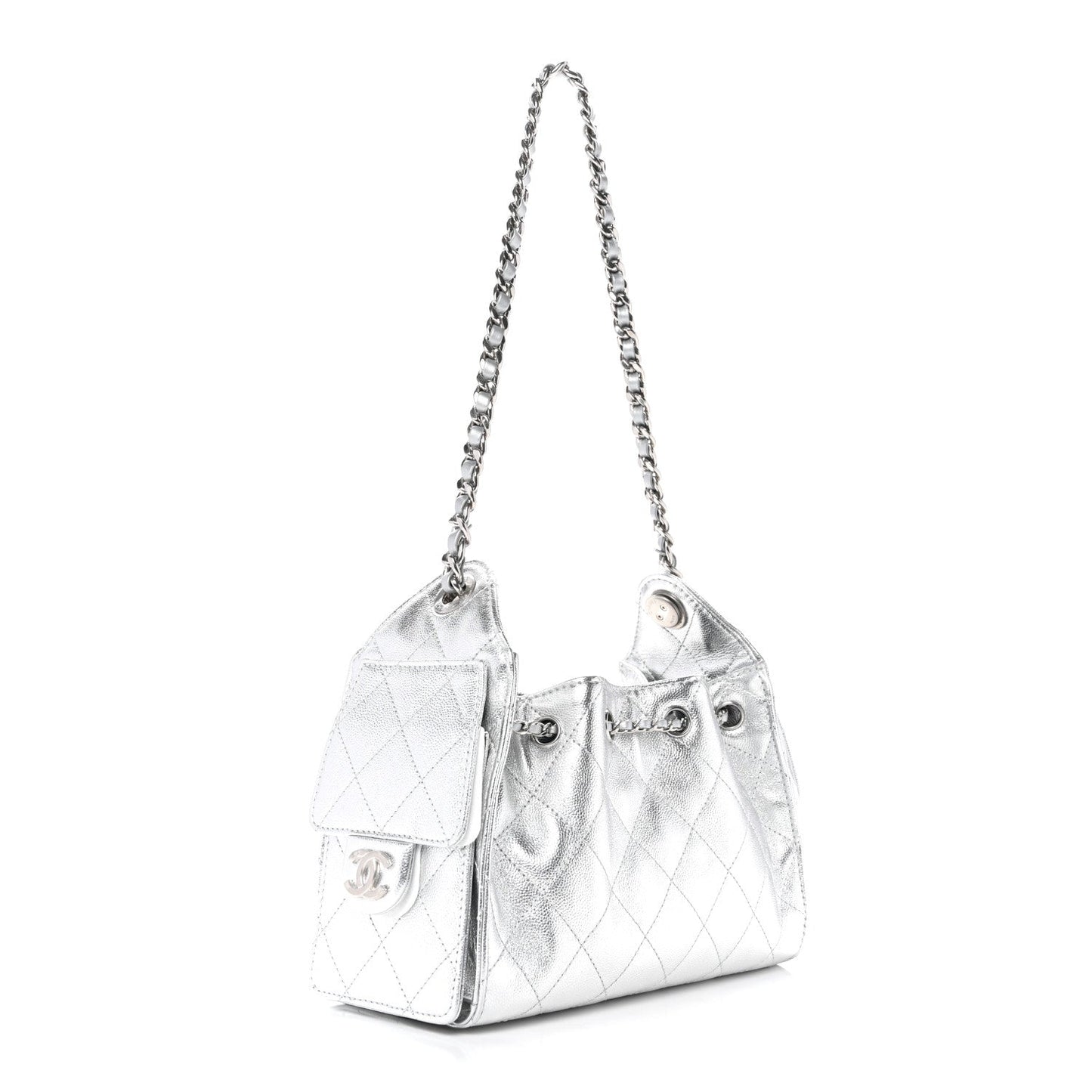 Metallic Caviar Quilted Mini Chanel 25 Handbag Silver