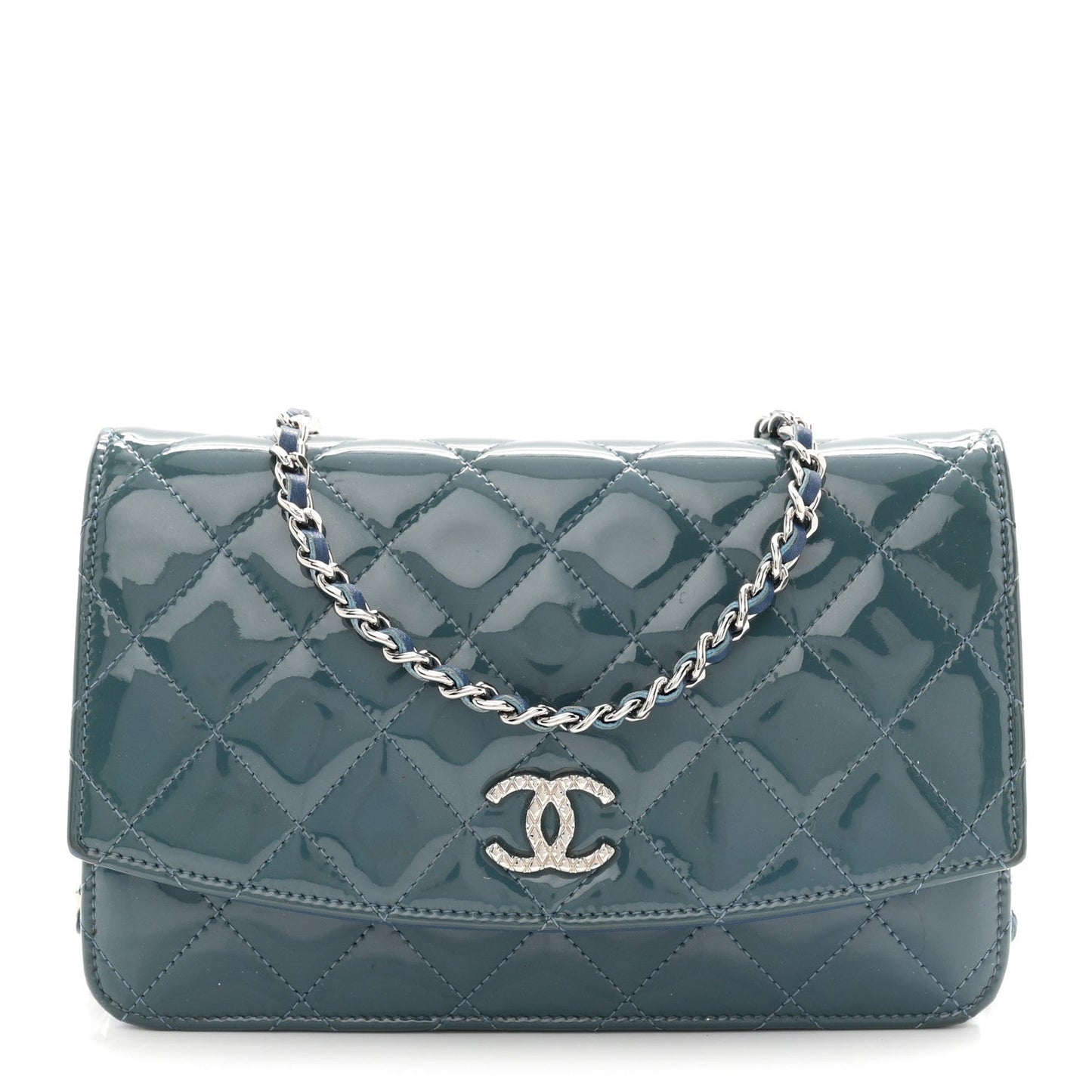Patent Quilted Brilliant Wallet On Chain WOC Blue