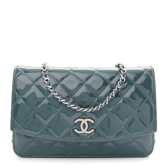 Patent Quilted Brilliant Wallet On Chain WOC Blue
