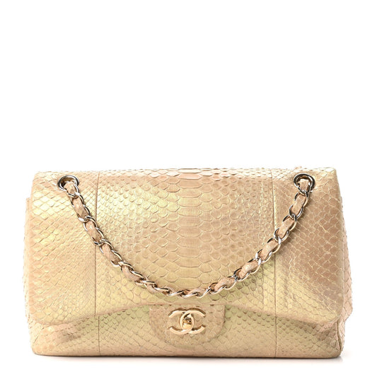 Metallic Snakeskin Jumbo Double Flap Light Beige
