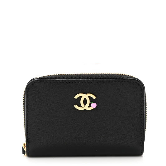 Grained Goatskin CC Apple Zip Coin Purse Black