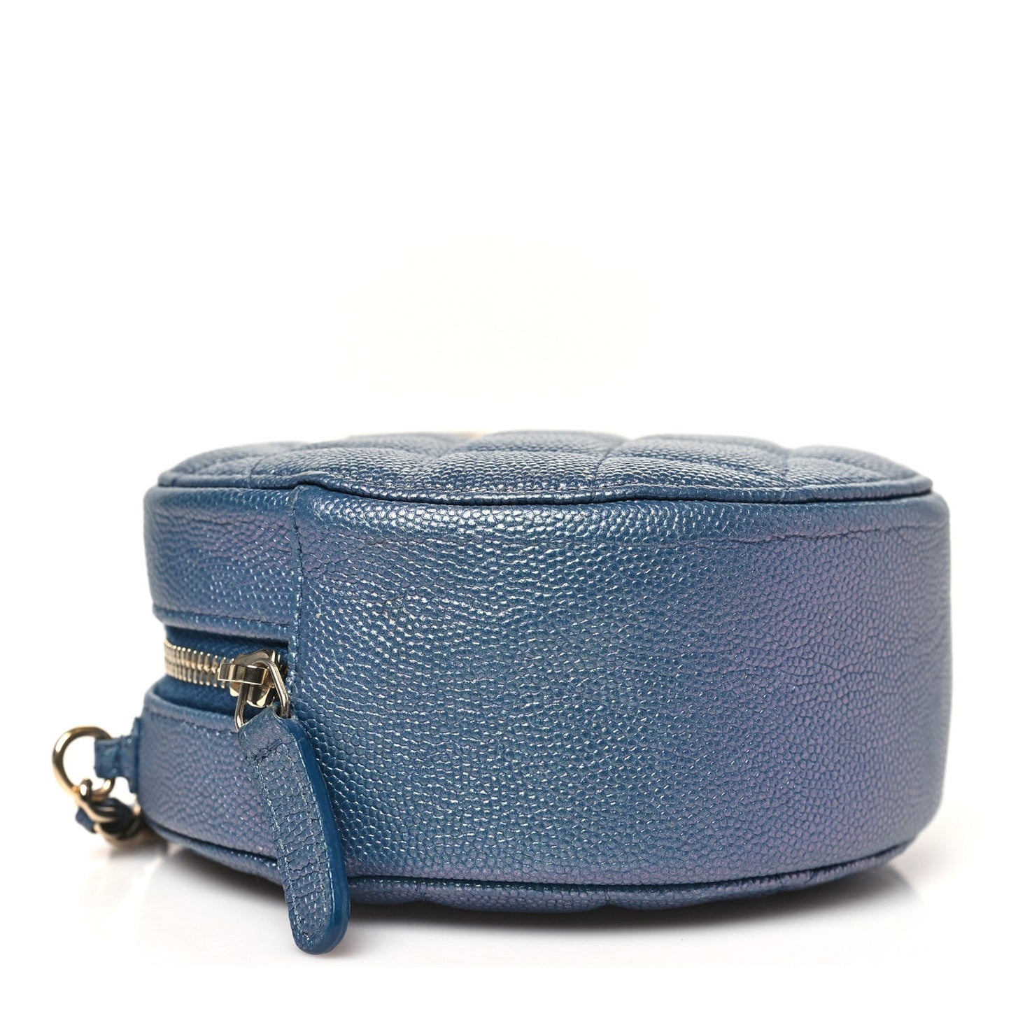 Iridescent Caviar Quilted Round Clutch With Chain Blue
