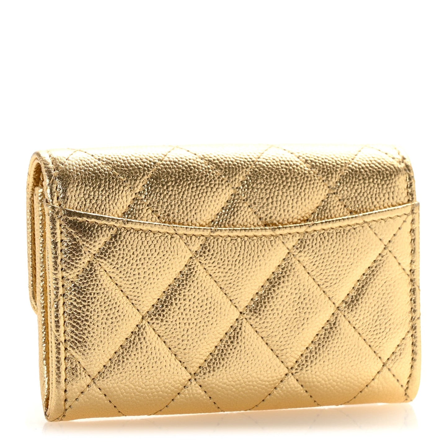 Metallic Caviar Quilted Flap Card Holder Wallet Gold