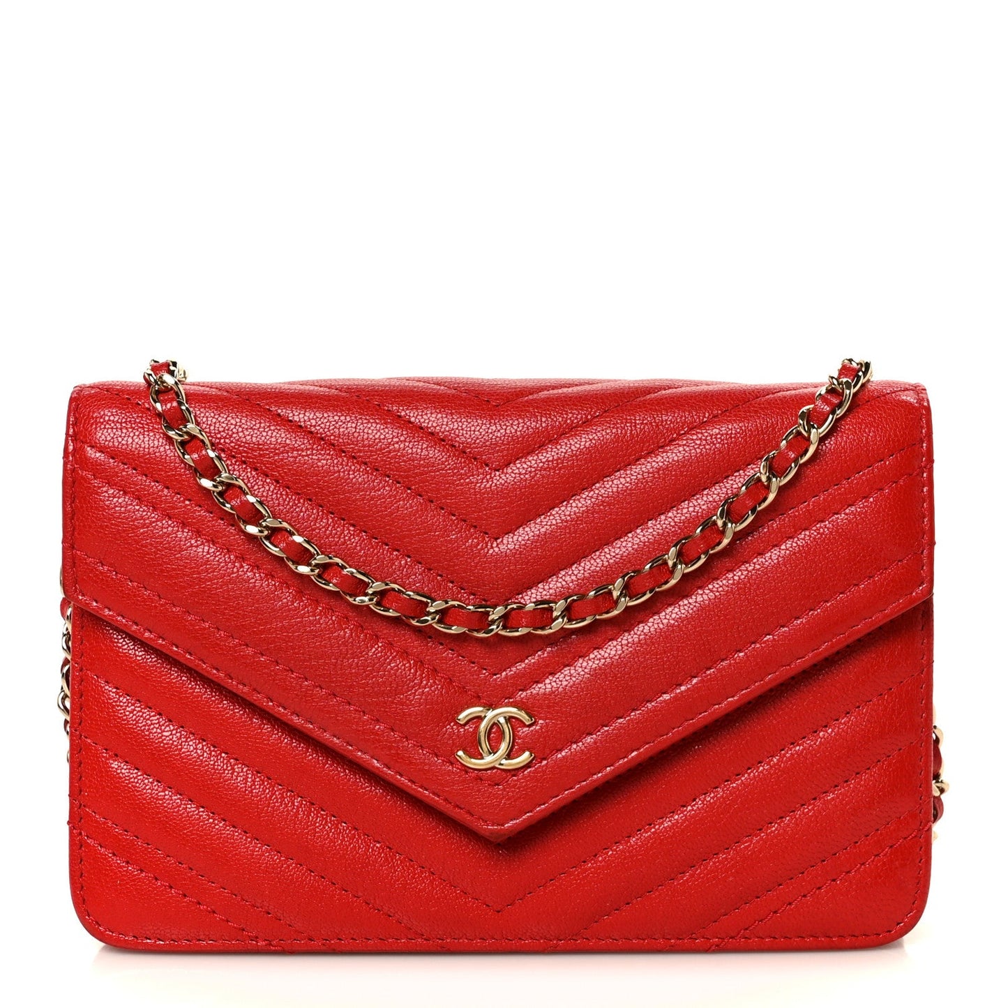 Goatskin Chevron Quilted Statement Wallet On Chain WOC Red