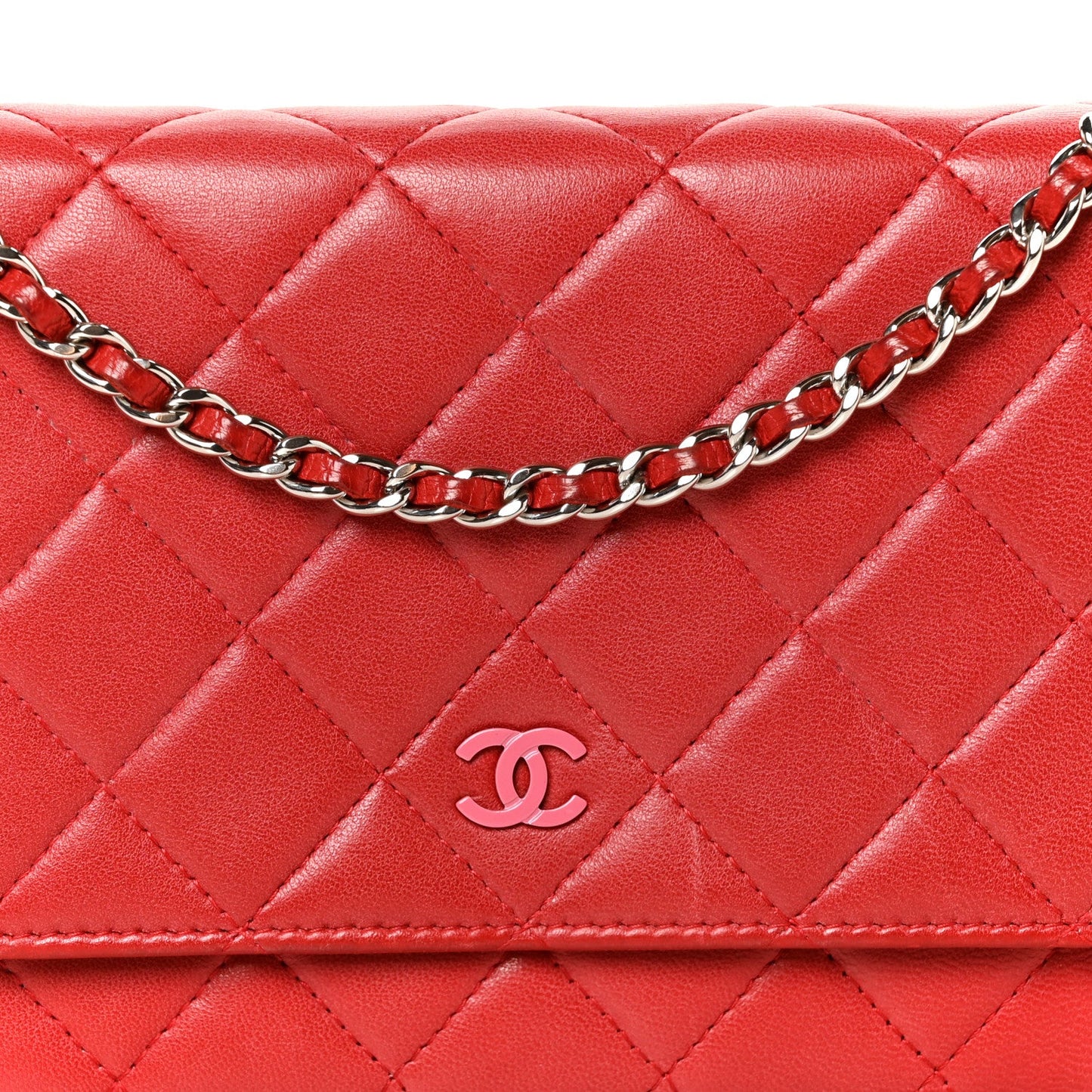 Lambskin Quilted Wallet On Chain WOC Red Pink