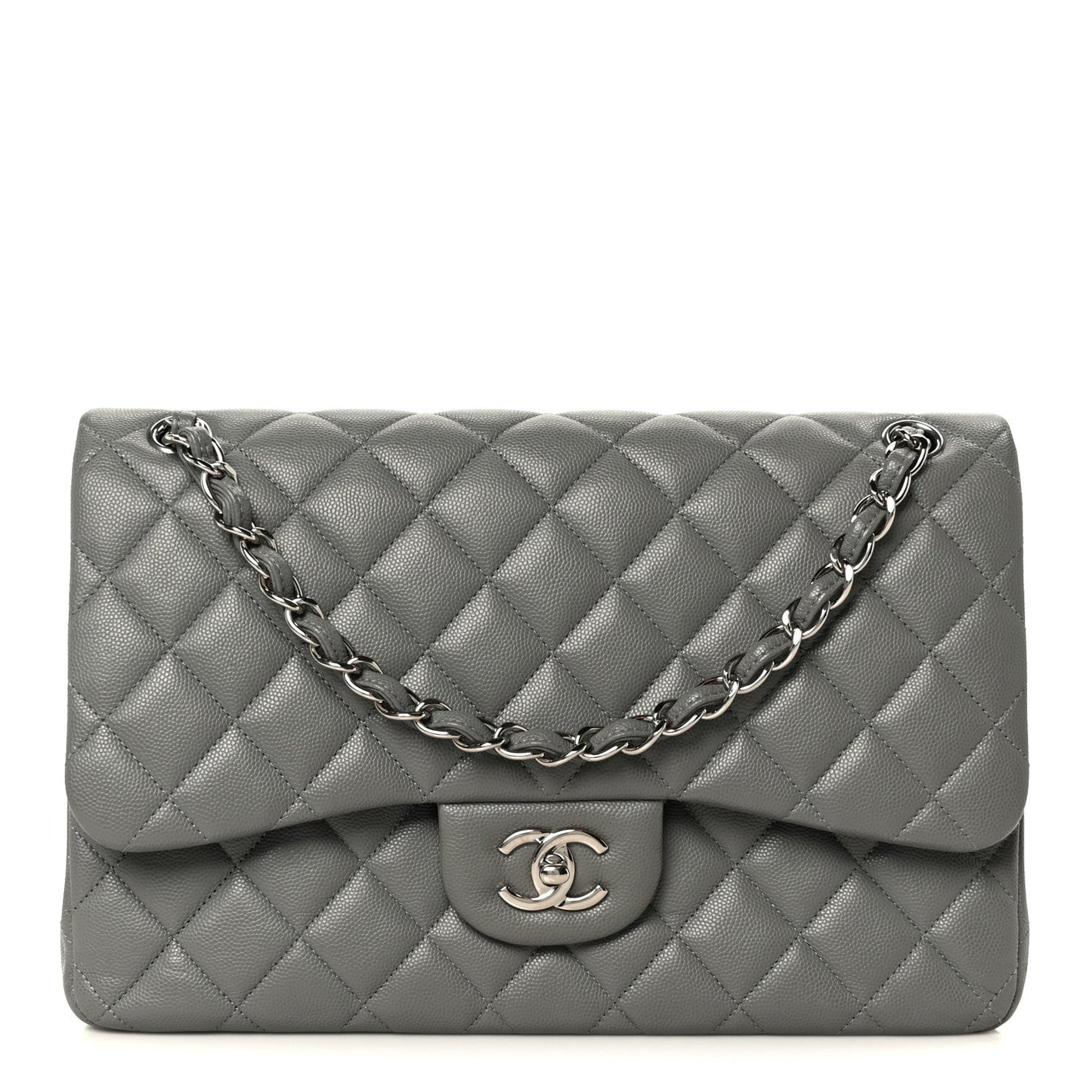 Caviar Quilted Jumbo Double Flap Grey