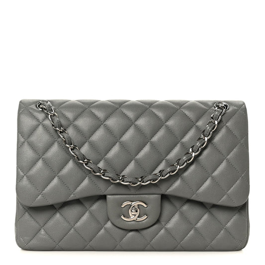 Caviar Quilted Jumbo Double Flap Grey