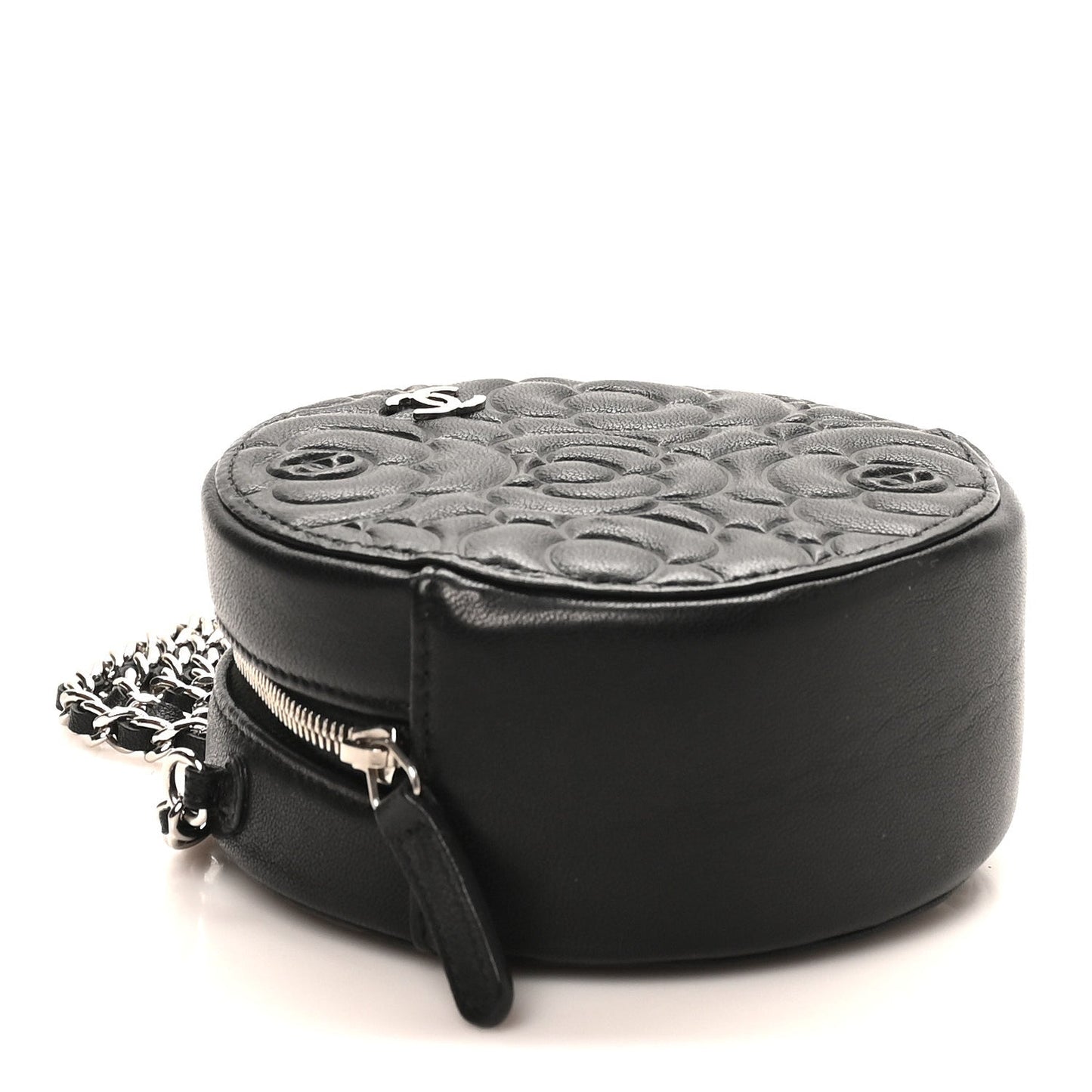 Goatskin Camellia Quilted Round Clutch With Chain Black