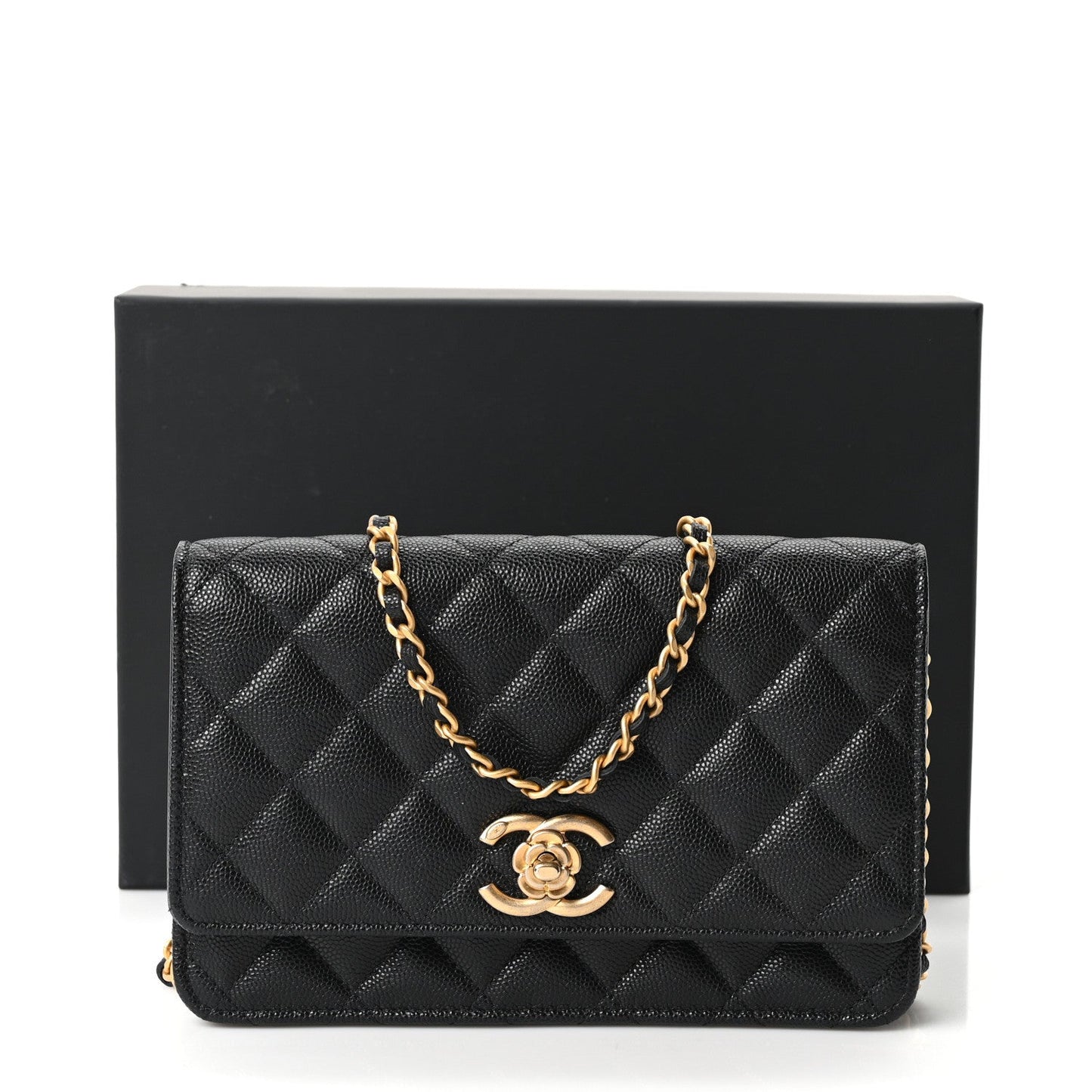 Caviar Quilted Camellia Wallet On Chain WOC Black