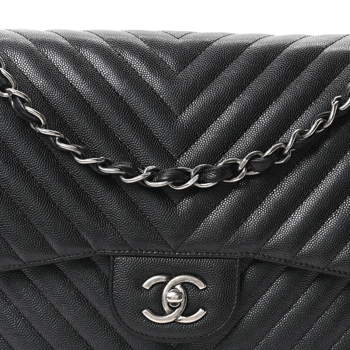 Iridescent Caviar Chevron Quilted Jumbo Double Flap Black