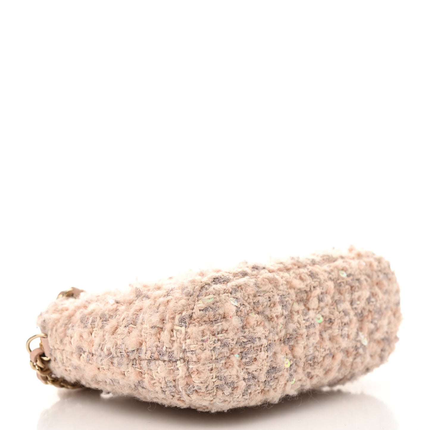 Cotton Wool Tweed Sequin Quilted Shiny Coco Clutch With Chain Light Pink Beige Ecru