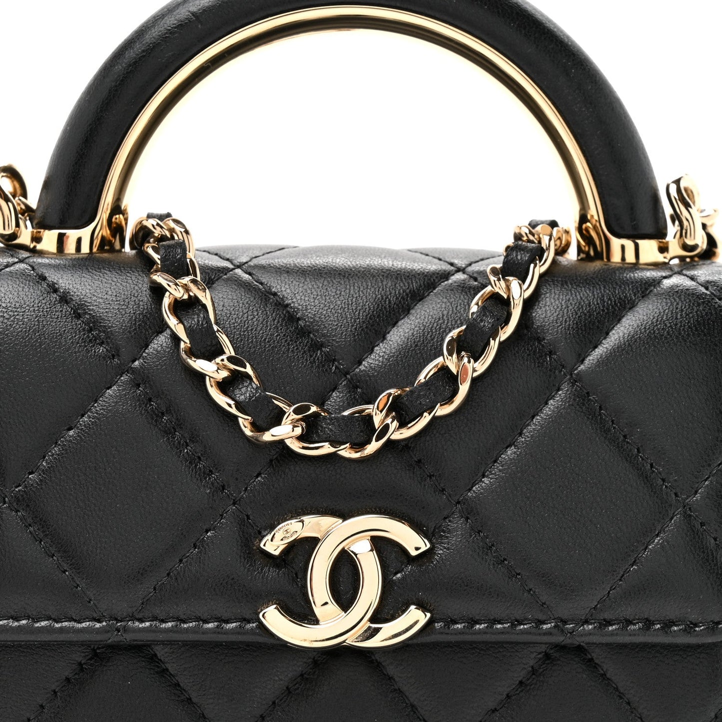 Lambskin Metal Quilted Top Handle Flap Clutch With Chain Black