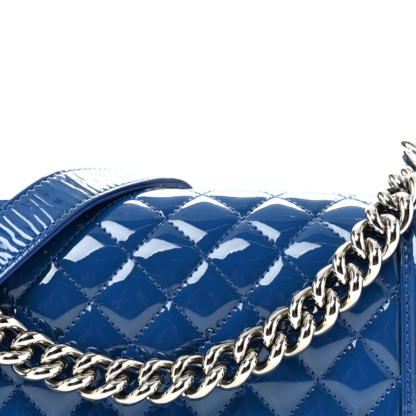 Patent Calfskin Quilted Medium Plexiglass Boy Flap Blue