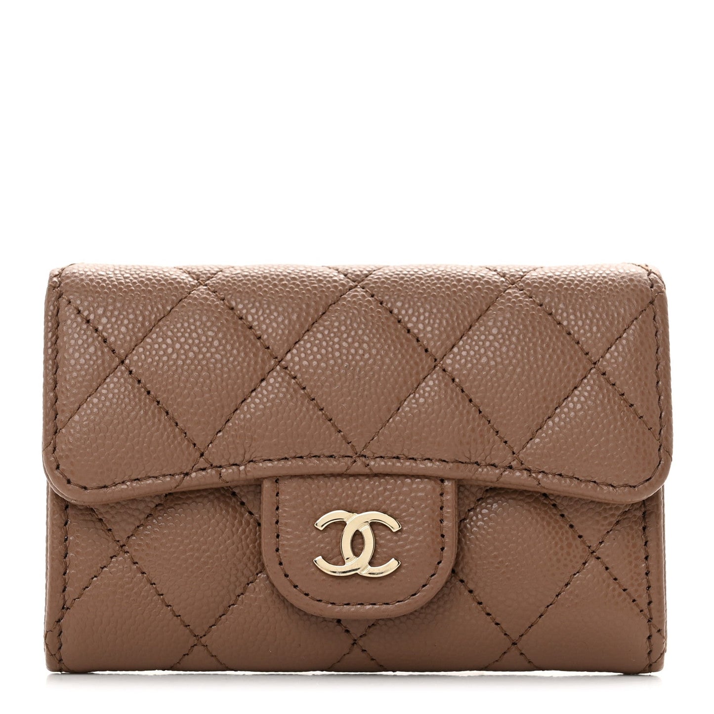 Caviar Quilted Flap Card Holder Wallet Brown