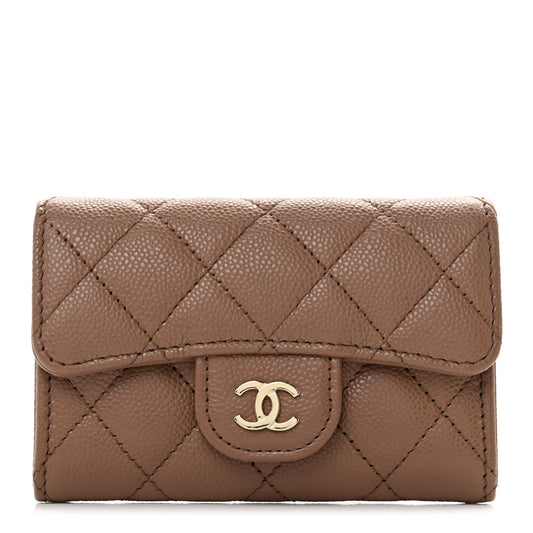 Caviar Quilted Flap Card Holder Wallet Brown