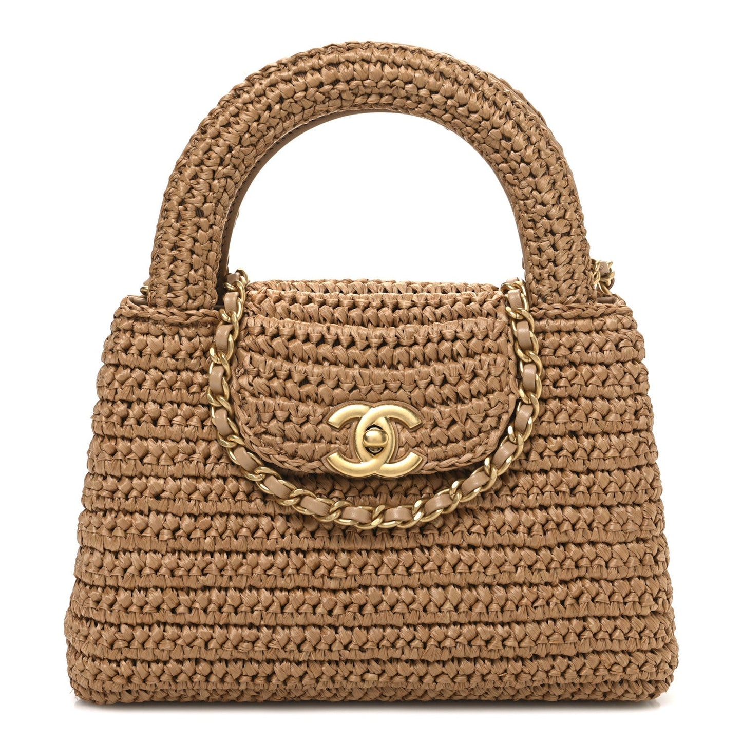 Braided Raffia Nano Kelly Flap Bag Dark Beige