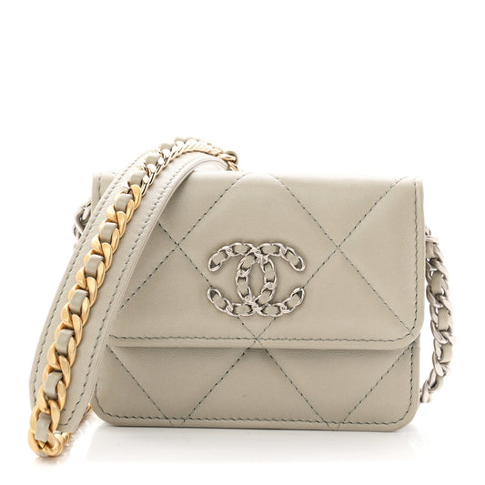 Lambskin Quilted Chanel 19 Flap Coin Purse With Chain Grey