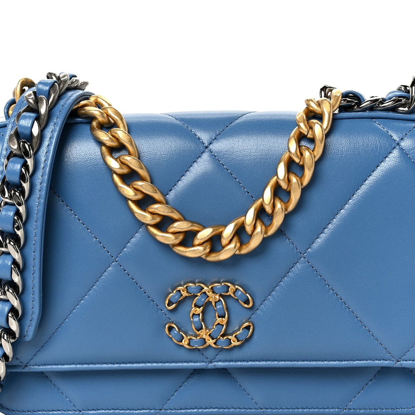 Lambskin Quilted Chanel 19 Wallet On Chain WOC Blue