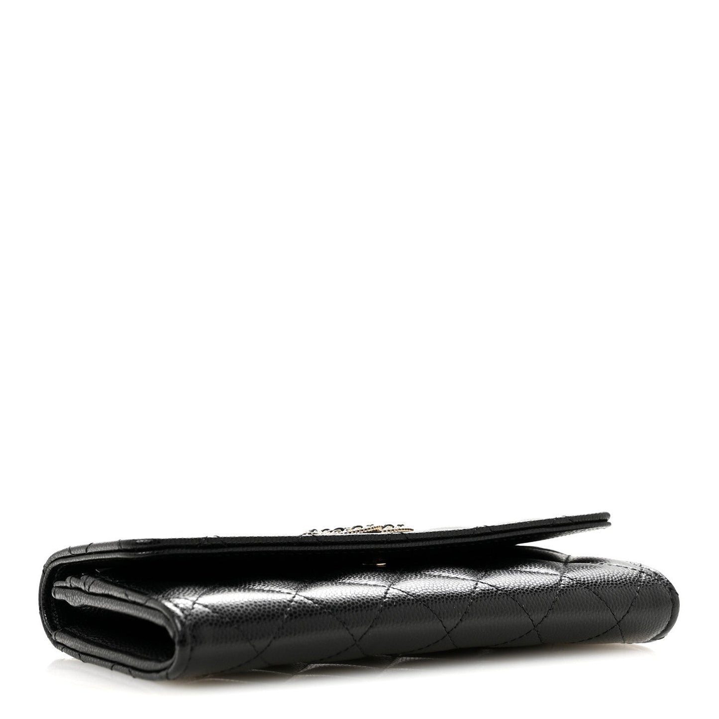Caviar Quilted Crystal CC Large Gusset Flap Wallet Black