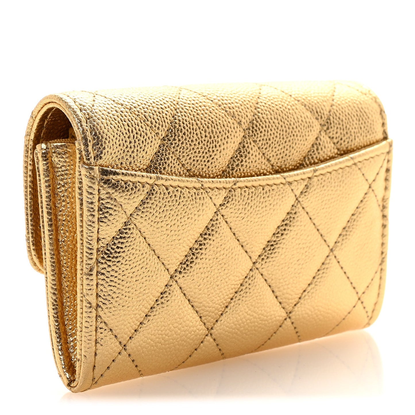 Metallic Caviar Quilted Flap Card Holder Wallet Gold