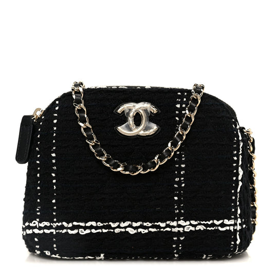 Tweed Quilted Mini Clutch With Chain Black White
