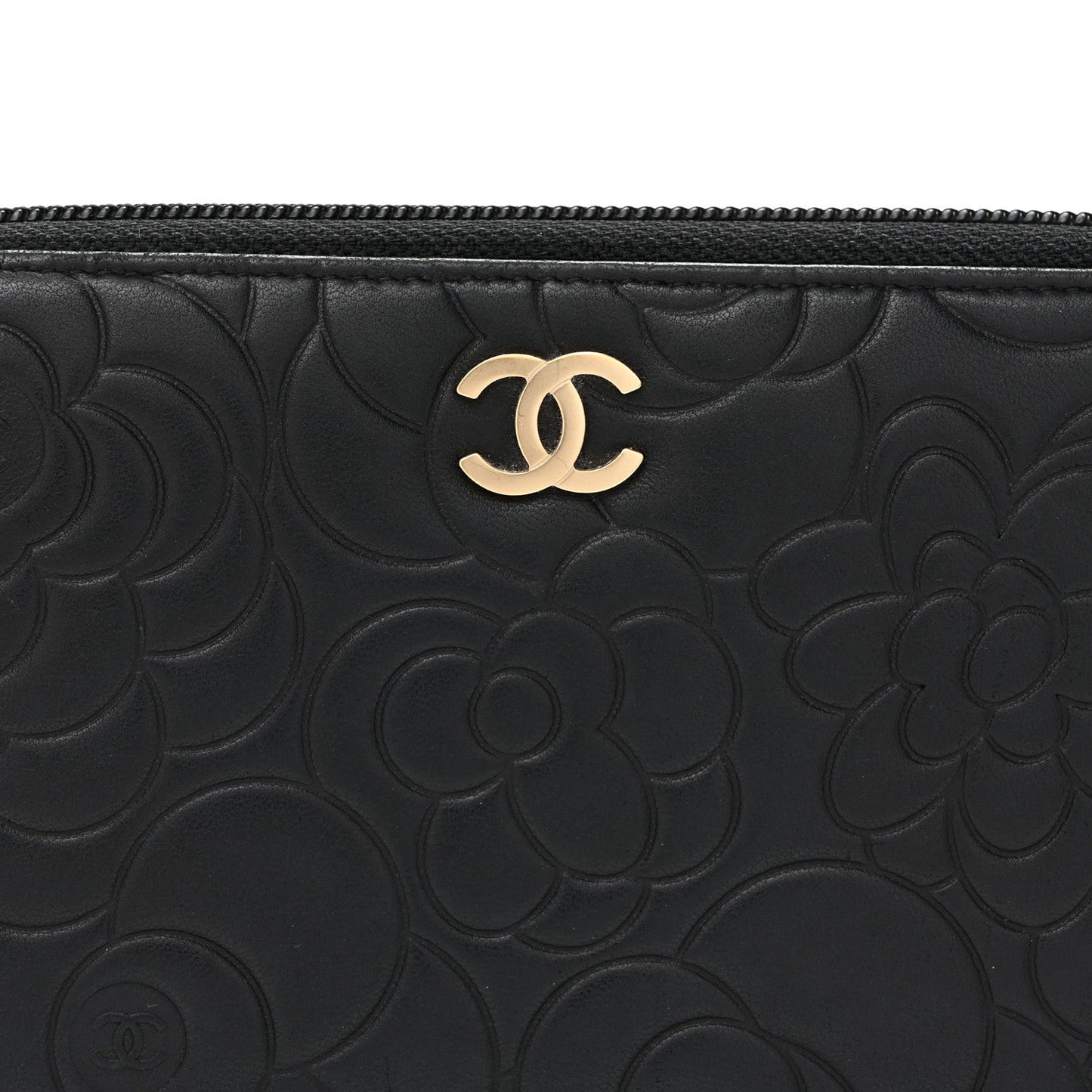 Lambskin Camellia Embossed Large Zip Around Gusset Wallet Black