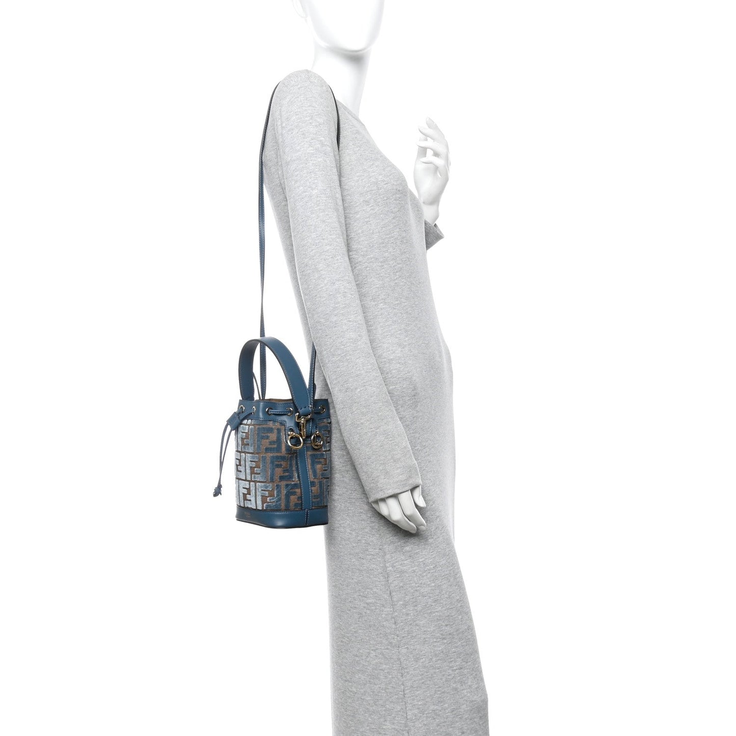 Vitello Grace Velluto FF Mini Mon Tresor Bucket Bag Dusty Blue Brown