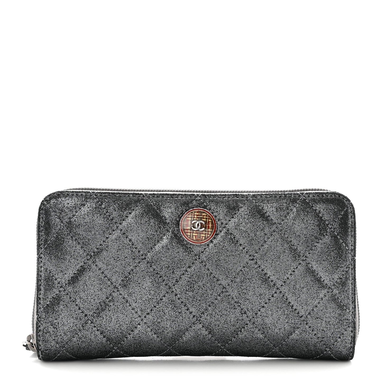 Iridescent Calfskin Quilted Tartan Button Zip Around Wallet Grey