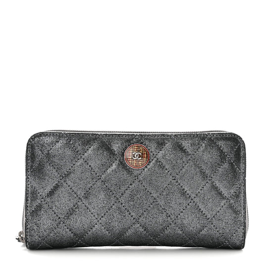 Iridescent Calfskin Quilted Tartan Button Zip Around Wallet Grey